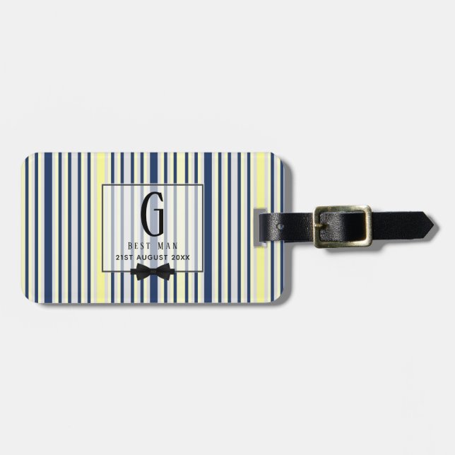 Étiquette À Bagage Monogramme BEST MAN Groomsmans Groomsman Navy Jaun (Devant horizontal)