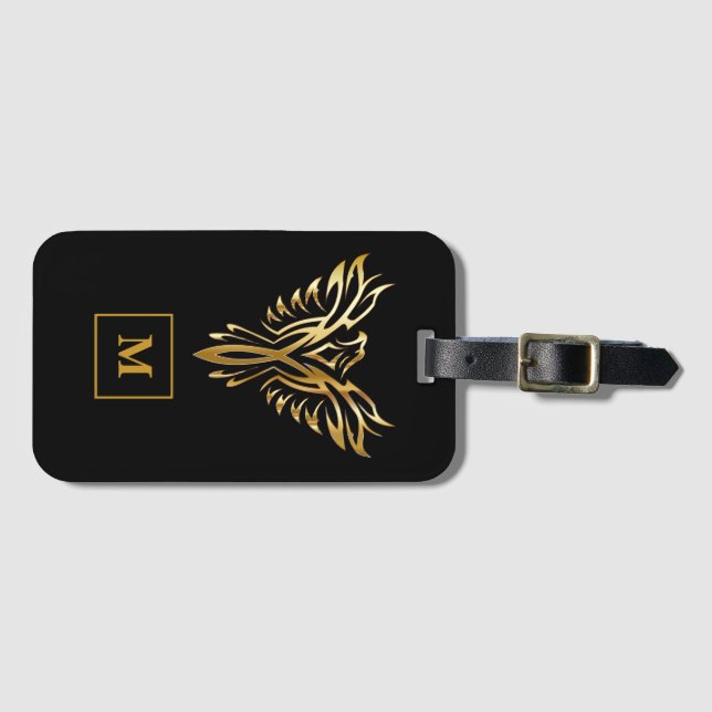 Étiquette À Bagage Monogramme Black & Gold Phoenix Rising (Devant Horizontal)