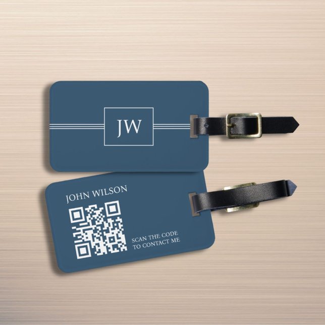 Étiquette À Bagage Monogramme blanc bleu moderne QR Code (Créateur téléchargé)