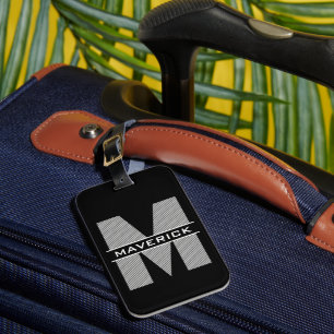 Étiquette À Bagage Monogramme blanc gris noir Nom Masculine moderne
