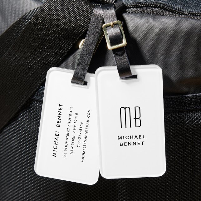 Étiquette À Bagage Monogramme blanc moderne (Modern White Monogrammed Luggage Tag)