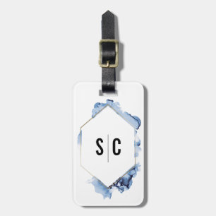 Étiquette À Bagage Monogramme bleu aquarelle Or cadre nouveau
