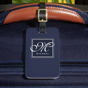 Étiquette À Bagage Monogramme bleu et blanc de la marine classique