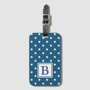 Étiquette À Bagage Monogramme bleu et blanc de point de polka