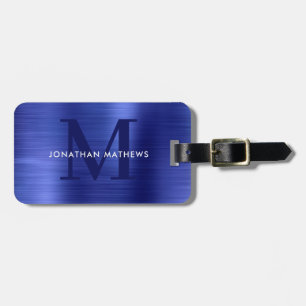 Étiquette À Bagage Monogramme bleu métallique brossé moderne