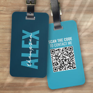 Étiquette À Bagage Monogramme bleu personnalisé QR Code
