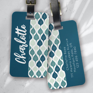 Étiquette À Bagage Monogramme bleu vert Motif feuille rétro