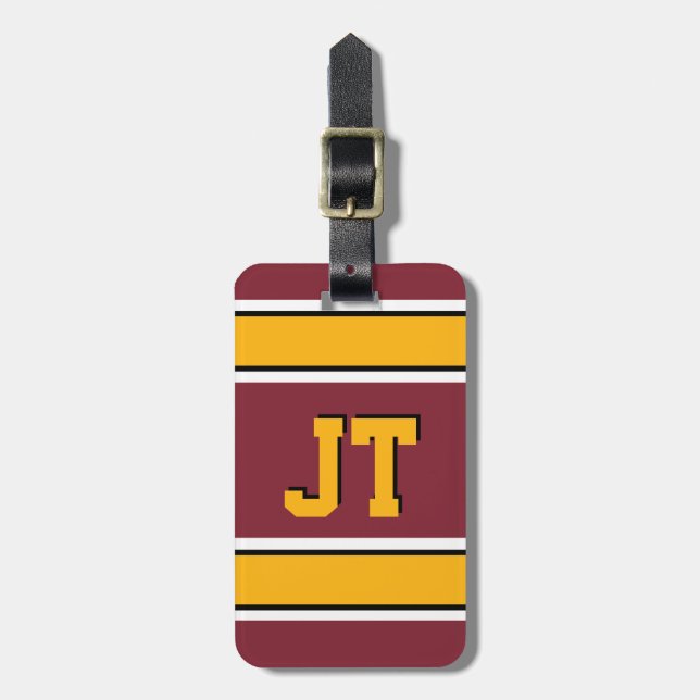 Étiquette À Bagage Monogramme Burgundy et Gold Sports Stripes (Devant Vertical)