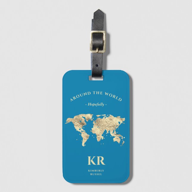 Étiquette À Bagage Monogramme Carte du monde Voyageur Océan Bleu (Devant Vertical)