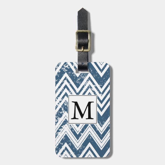 Étiquette À Bagage Monogramme Chevron Grunge Bleu et Blanc (Devant Vertical)