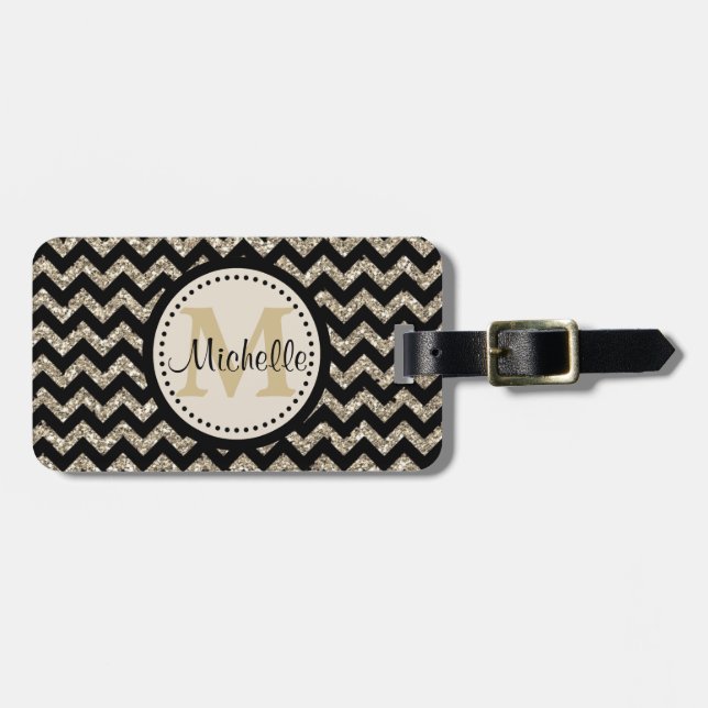 Étiquette À Bagage Monogramme Chevron Or Argent (Devant horizontal)