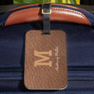 Étiquette À Bagage Monogramme Chic Cuir Brown Nom Script Moderne