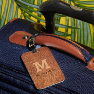 Étiquette À Bagage Monogramme Chic Cuir Brown Nom Script Moderne