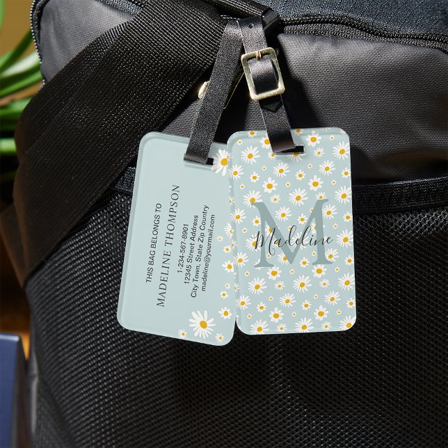 Étiquette À Bagage Monogramme Chic Minimal Daisy Sarcelle Script (Créateur téléchargé)