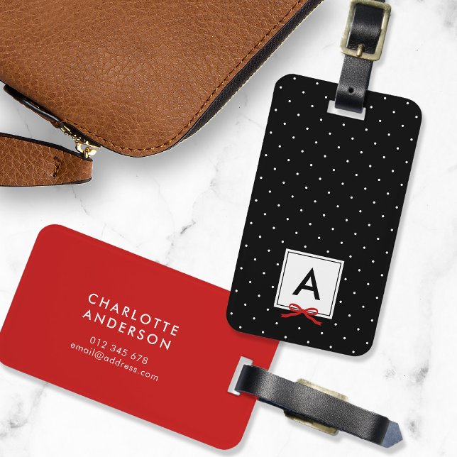 Étiquette À Bagage Monogramme Chic Rouge Ruban Polka Point Noir (Créateur téléchargé)