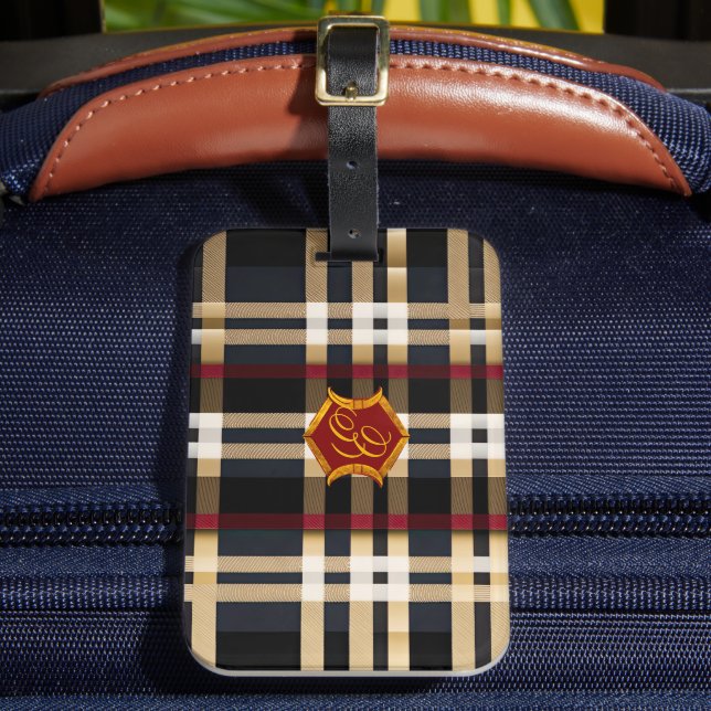 Étiquette À Bagage Monogramme Classique Style Plaid Noir Rouge & Beig (Insitu Rectoal 2)