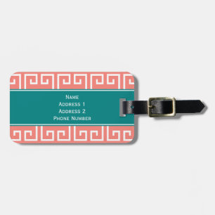 Étiquette À Bagage Monogramme Coral rose, blanc, Motif géométrique Tu