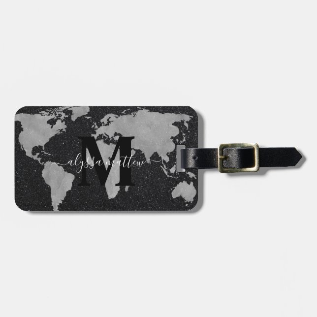 Étiquette À Bagage Monogramme Custom World Map Parties scintillant no (Devant horizontal)