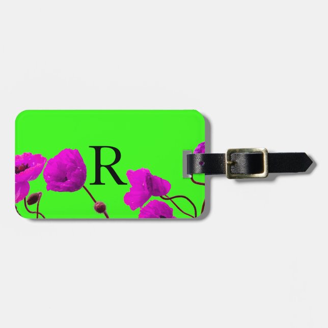 Étiquette À Bagage Monogramme Cute Initiales Neon Green Purple Floral (Devant horizontal)