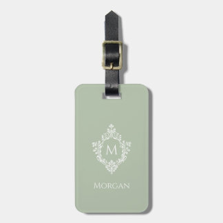 Étiquette À Bagage Monogramme dans un blason Vert sauge Blanc vintage