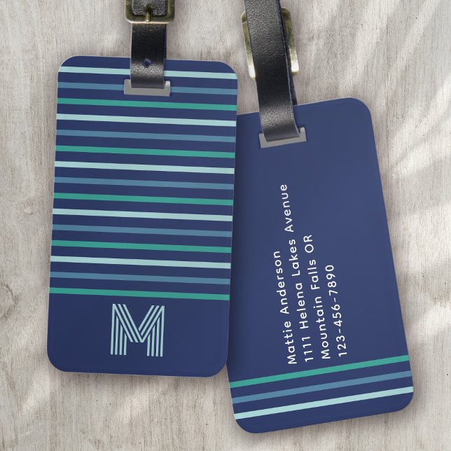 Étiquette À Bagage Monogramme de bande verte bleue (Créateur téléchargé)