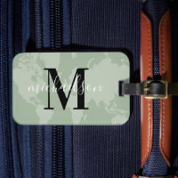 Monogramme de carte du monde vert sauge en écritur