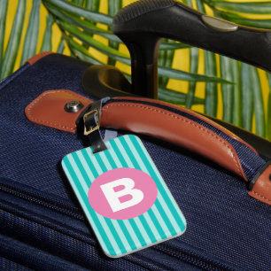 Étiquette À Bagage Monogramme de cercle rose rayé vertical bleu sarce