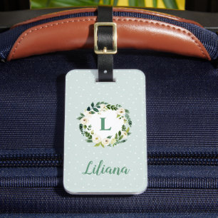 Étiquette À Bagage Monogramme de couronne fleurie de verdure douce