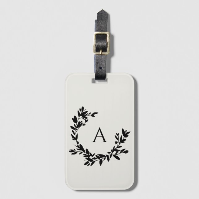 Étiquette À Bagage Monogramme de crème neutre Feuille botanique initi (Devant Vertical)