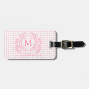 Étiquette À Bagage Monogramme de crête florale rose En vichy