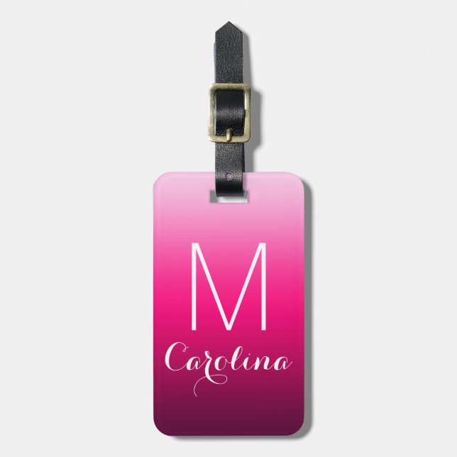 Étiquette À Bagage Monogramme de dégradé noir à rose simple (Devant Vertical)