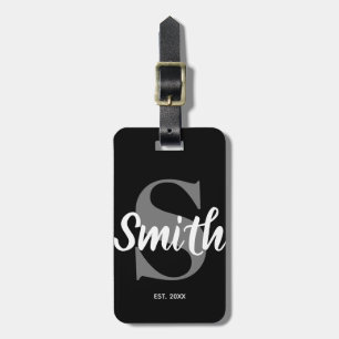 Étiquette À Bagage Monogramme de famille noir et blanc personnalisé