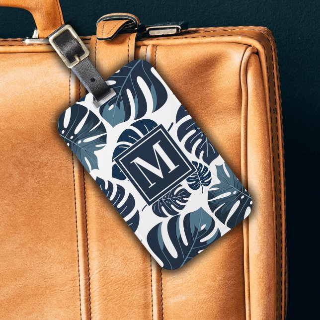 Étiquette À Bagage Monogramme de feuille bleu et blanc de la marine (Créateur téléchargé)