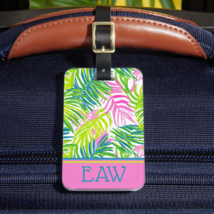 Étiquette À Bagage Monogramme de feuilles de palmier rose et vert Pré