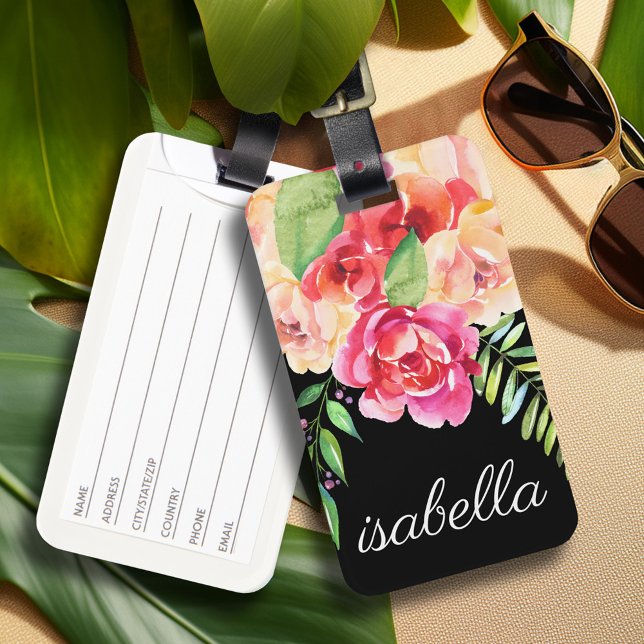 Étiquette À Bagage Monogramme de fleurs d'aquarelle peintes en noir e (Personalized Luggage tag)