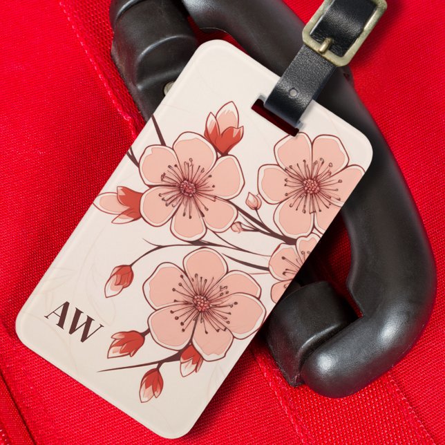 Étiquette À Bagage Monogramme de fleurs de cerisiers rose moderne (Créateur téléchargé)