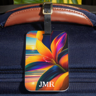 Étiquette À Bagage Monogramme de fleurs paradisiaques tropicales