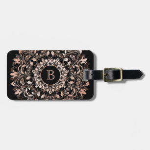 Étiquette À Bagage Monogramme de mandala floral or rose