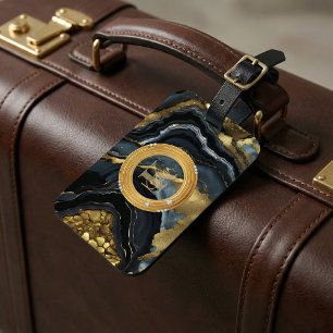 Étiquette À Bagage Monogramme de marbre d'agate noir or luxe moderne