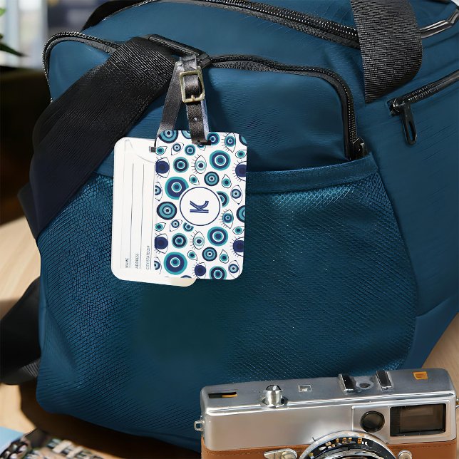 Étiquette À Bagage Monogramme de Motif de l'oeil bleu blanc grec (Créateur téléchargé)