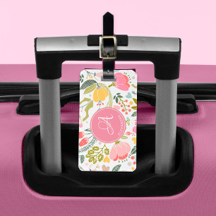 Étiquette À Bagage Monogramme de nom à motif floral aquarelle Corail