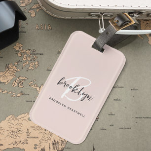 Étiquette À Bagage Monogramme de nom de style rose poudré gris