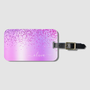 Étiquette À Bagage Monogramme de nom en métal pailleté violet