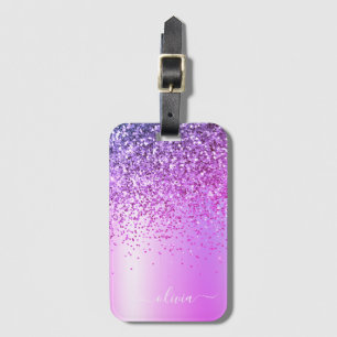 Étiquette À Bagage Monogramme de nom en métal pailleté violet