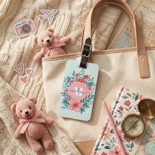 Étiquette À Bagage Monogramme de nom floral rose aquarelle élégant