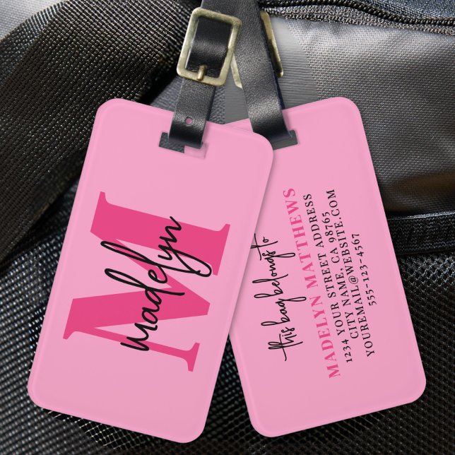 Étiquette À Bagage Monogramme de nom initial rose vif (Hot Pink Traveler Initial Name Monogram Luggage Tag)