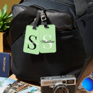 Étiquette À Bagage Monogramme de nom personnalisé sur un joli vert pa