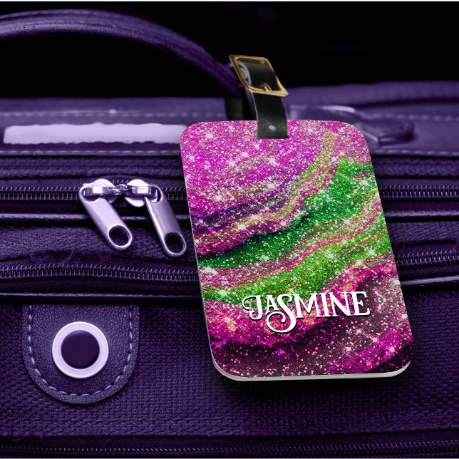 Étiquette À Bagage Monogramme de Parties scintillant blanc rose ondul (Créateur téléchargé)