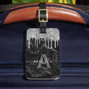 Étiquette À Bagage Monogramme de Parties scintillant d'argent noir él