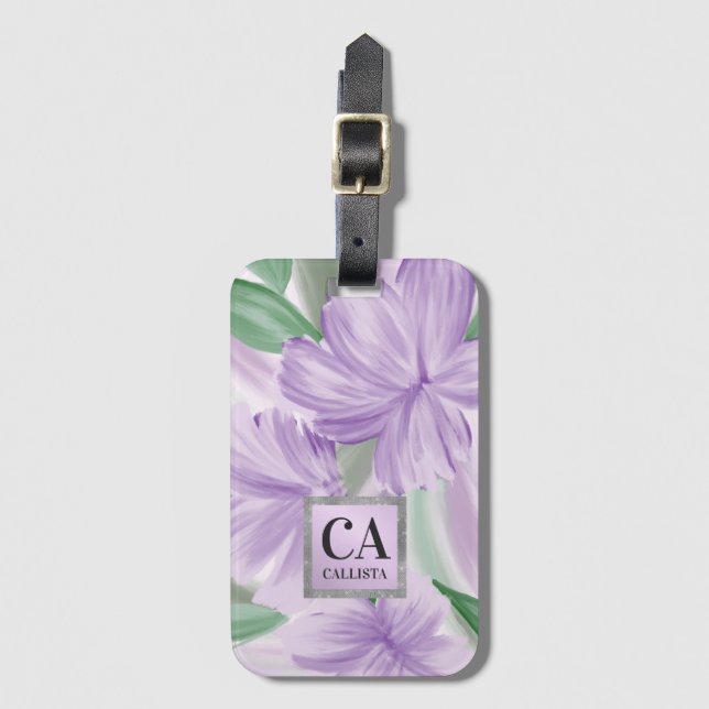 Étiquette À Bagage Monogramme de Parties scintillant Florale d'argent (Devant Vertical)